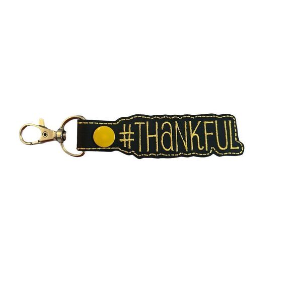 Thankful Embroidered Black Gold Keychain New No Tags - Picture 1 of 3